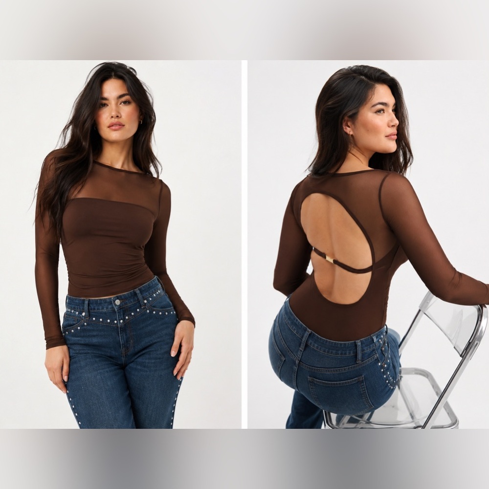 NWT Abercrombie Bra-Free Long-Sleeve Open-Back Hardware Bodysuit Chocolate Brown